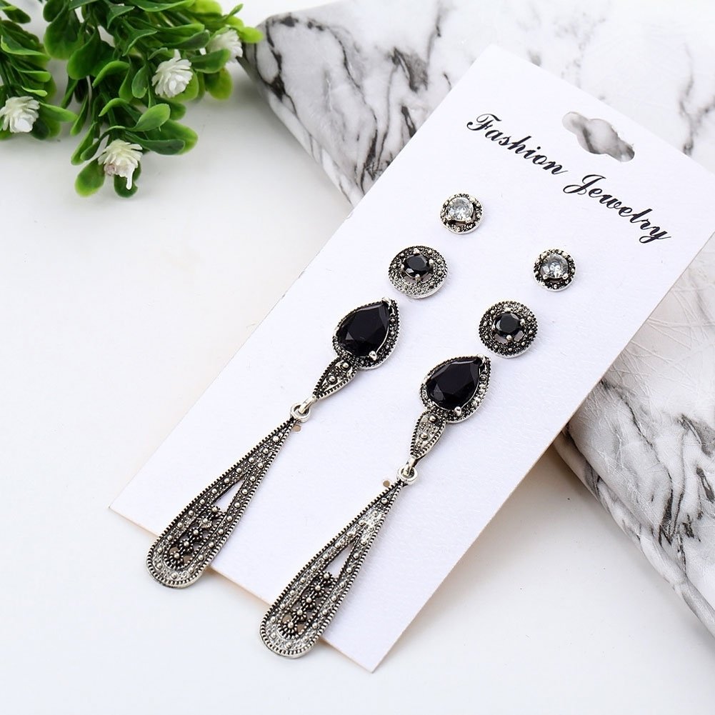 4Pairs Bohemian Women Cubic Zirconia Round Drop Ear Studs Linear Earrings Set Image 2