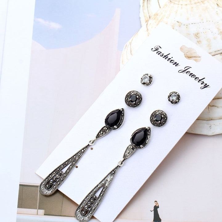 4Pairs Bohemian Women Cubic Zirconia Round Drop Ear Studs Linear Earrings Set Image 4