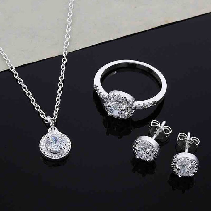 Women Round Zircon Ear Studs Open Ring Necklace Fashion Party Jewelry Charm Set Image 1