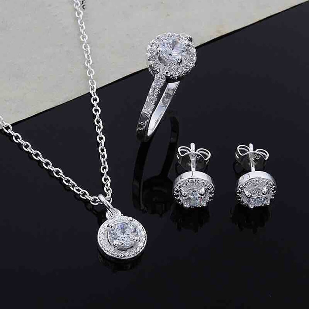 Women Round Zircon Ear Studs Open Ring Necklace Fashion Party Jewelry Charm Set Image 2