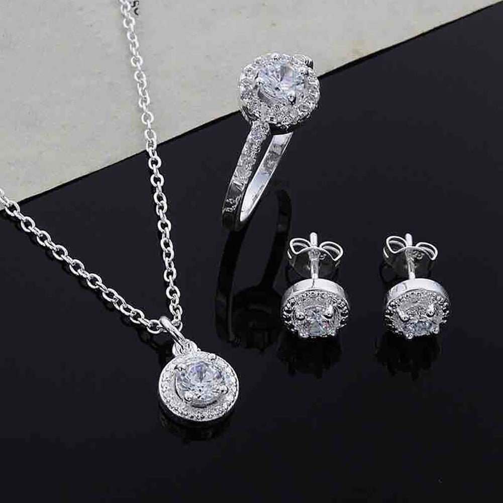 Women Round Zircon Ear Studs Open Ring Necklace Fashion Party Jewelry Charm Set Image 2