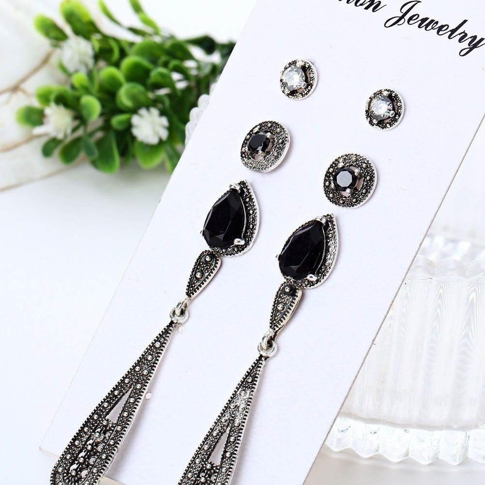 4Pairs Bohemian Women Cubic Zirconia Round Drop Ear Studs Linear Earrings Set Image 11