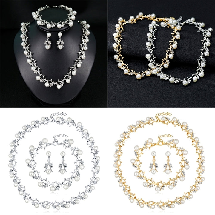 Women Bride Faux Pearl Rhinestone Necklace Stud Earrings Bracelet Jewelry Set Image 1