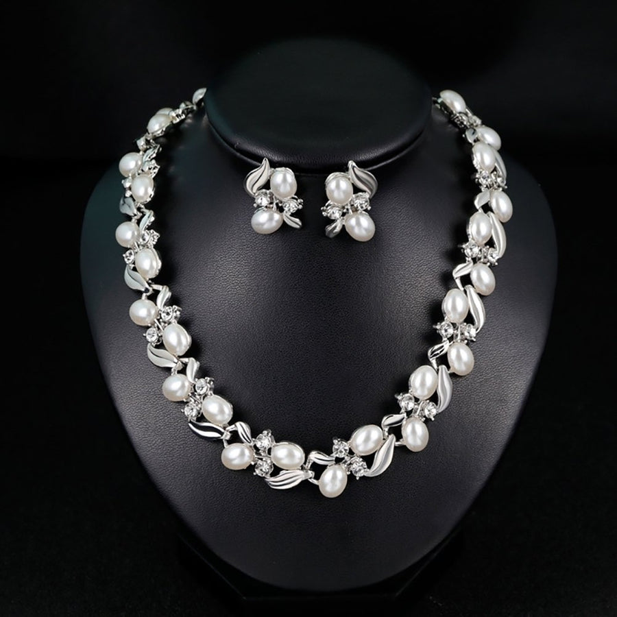 Fashion Rhinestone Faux Pearl Necklace Earrings Women Bride Wedding Jewelry Set Image 1