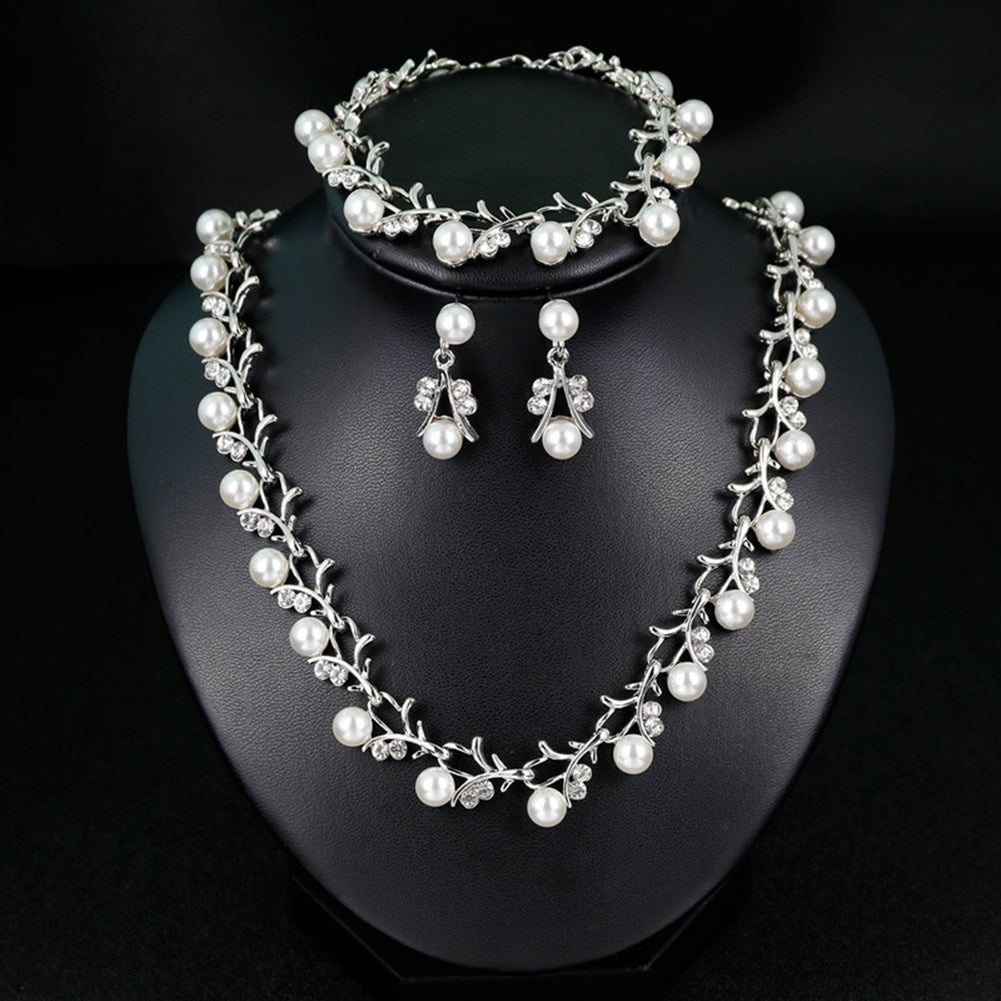 Women Bride Faux Pearl Rhinestone Necklace Stud Earrings Bracelet Jewelry Set Image 3