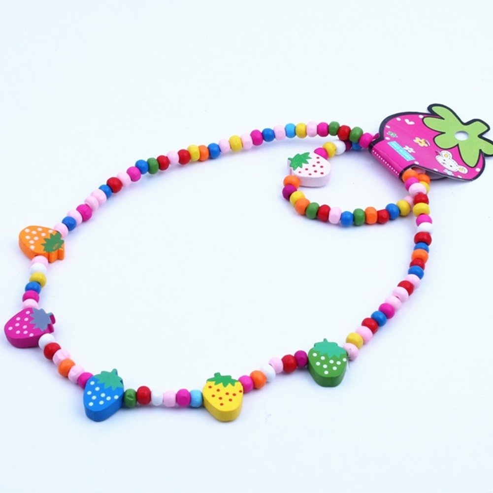 2Pcs Wooden Strawberry Bead Elastic Bracelet Necklace Children Jewelry Gift Image 4