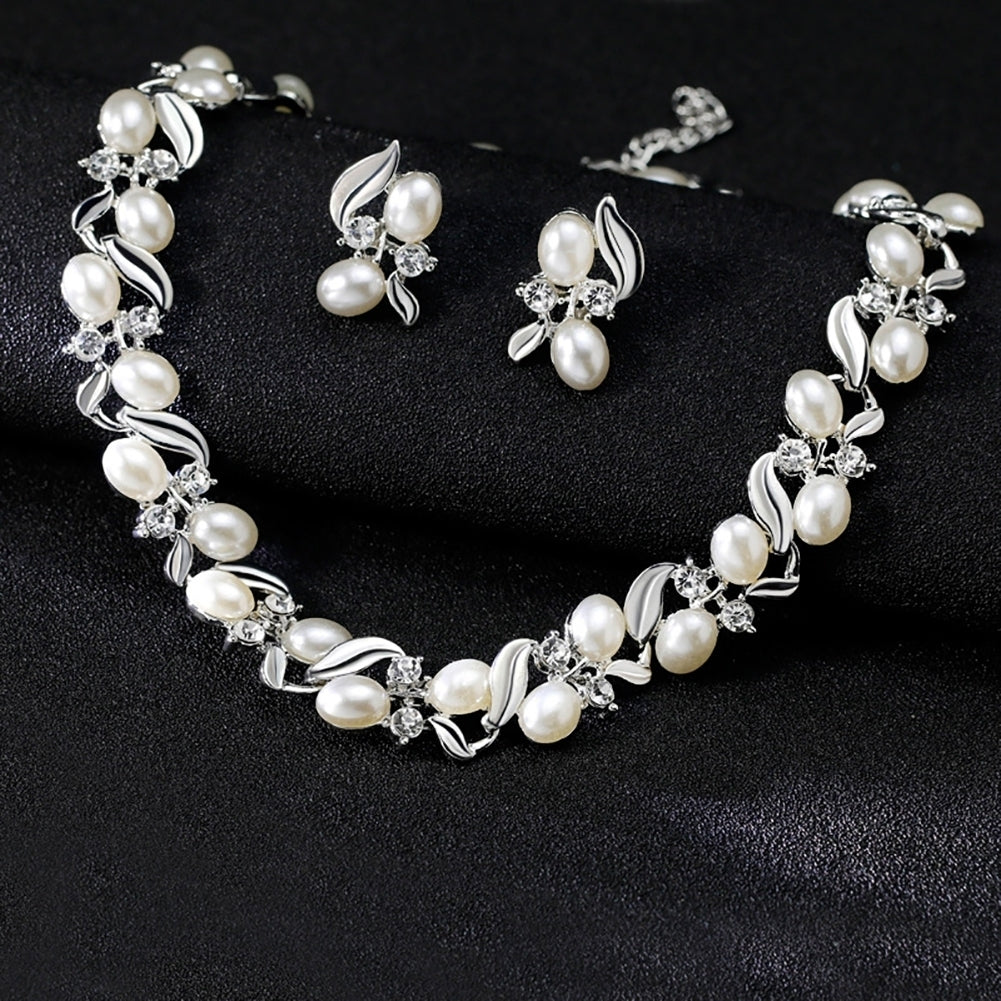 Fashion Rhinestone Faux Pearl Necklace Earrings Women Bride Wedding Jewelry Set Image 3