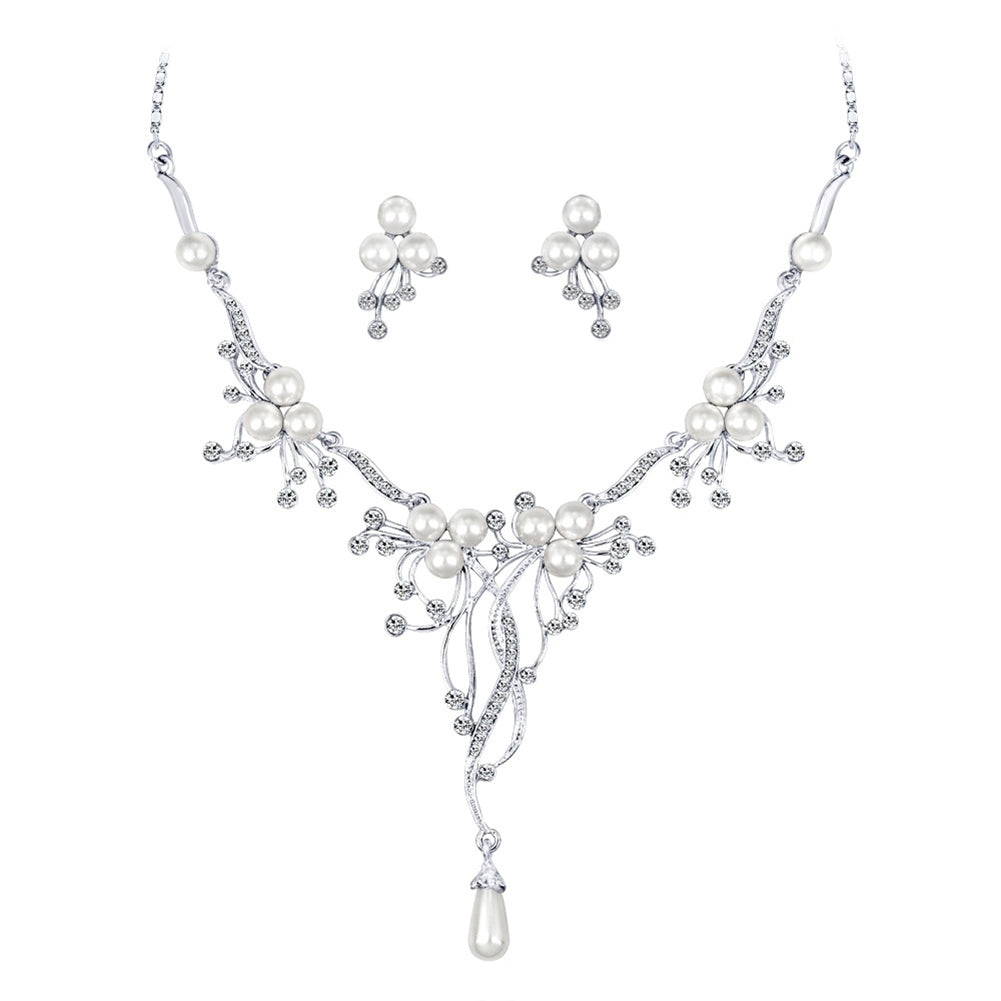 Rhinestone Faux Pearl Flower Necklace Earrings Women Wedding Jewelry Set Image 1