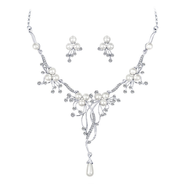 Rhinestone Faux Pearl Flower Necklace Earrings Women Wedding Jewelry Set Image 1