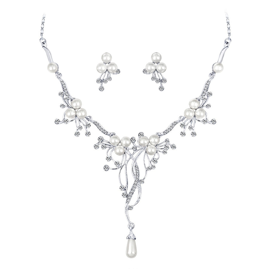 Rhinestone Faux Pearl Flower Necklace Earrings Women Wedding Jewelry Set Image 1