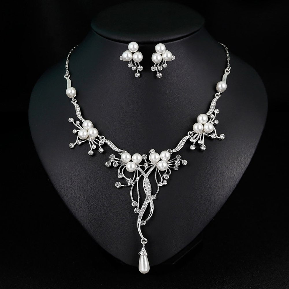 Rhinestone Faux Pearl Flower Necklace Earrings Women Wedding Jewelry Set Image 2