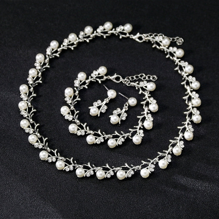 Women Bride Faux Pearl Rhinestone Necklace Stud Earrings Bracelet Jewelry Set Image 6