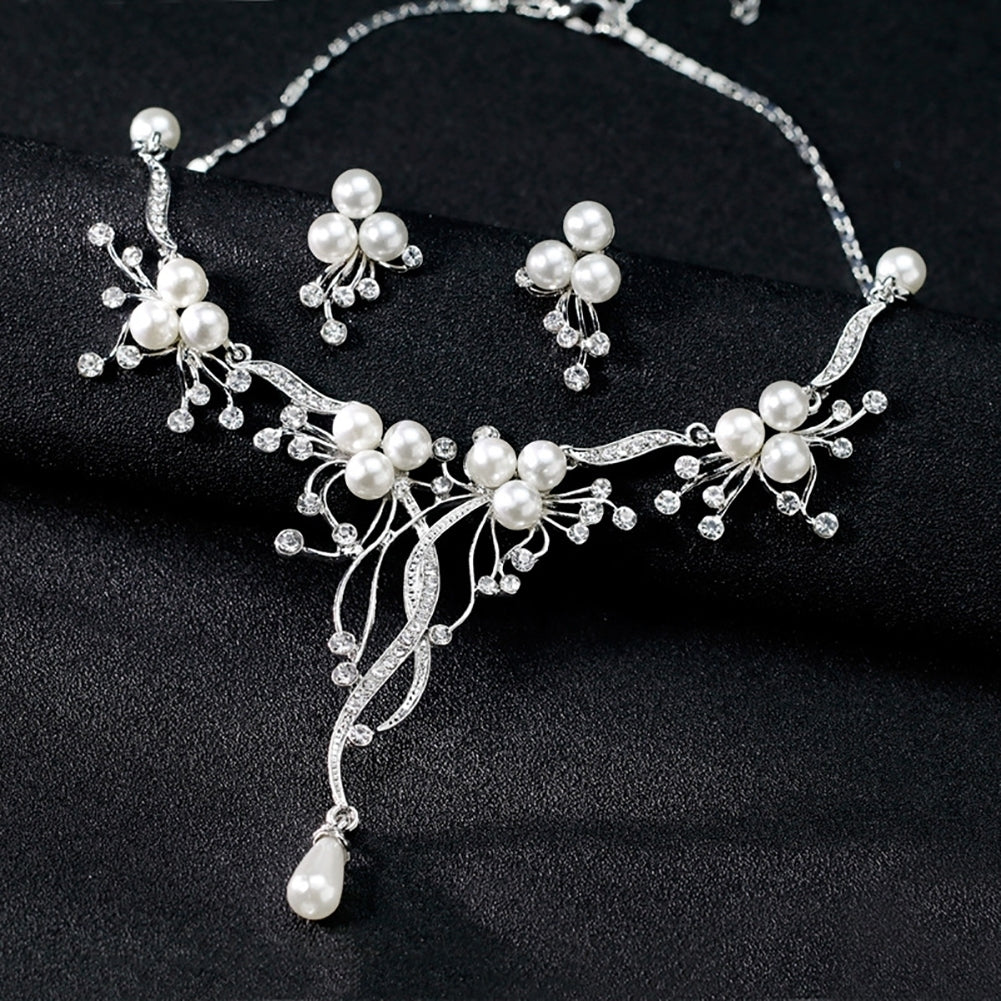 Rhinestone Faux Pearl Flower Necklace Earrings Women Wedding Jewelry Set Image 3