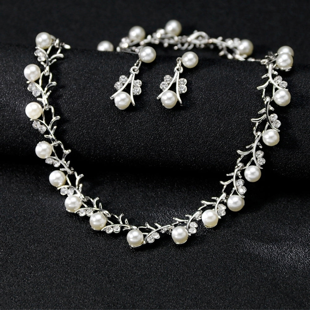 Women Bride Faux Pearl Rhinestone Necklace Stud Earrings Bracelet Jewelry Set Image 7