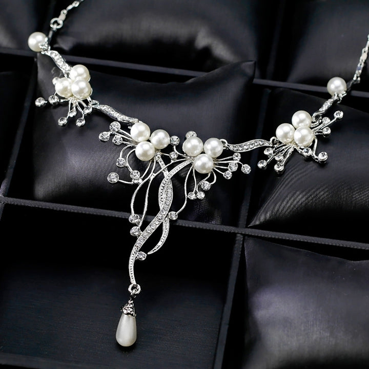 Rhinestone Faux Pearl Flower Necklace Earrings Women Wedding Jewelry Set Image 4