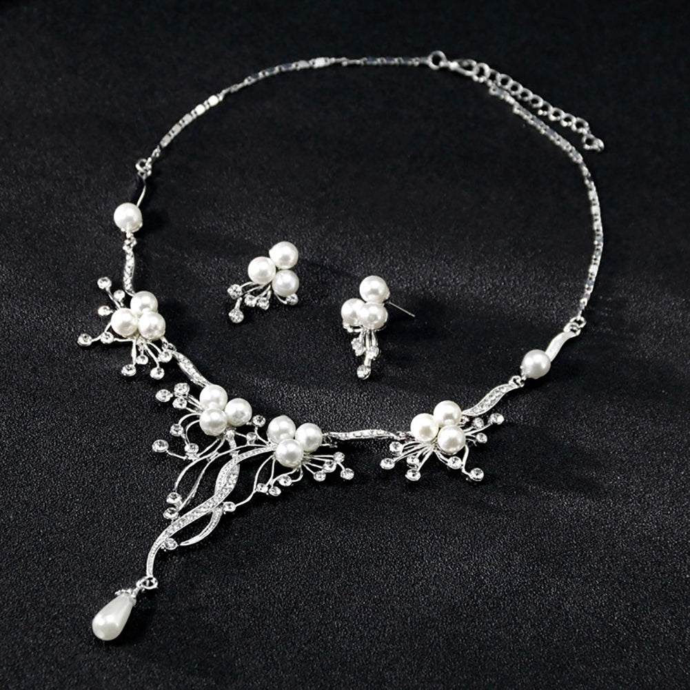 Rhinestone Faux Pearl Flower Necklace Earrings Women Wedding Jewelry Set Image 4