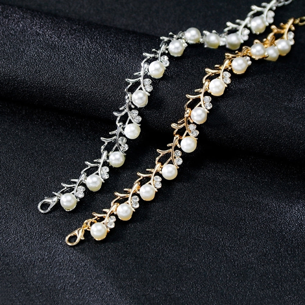 Women Bride Faux Pearl Rhinestone Necklace Stud Earrings Bracelet Jewelry Set Image 9