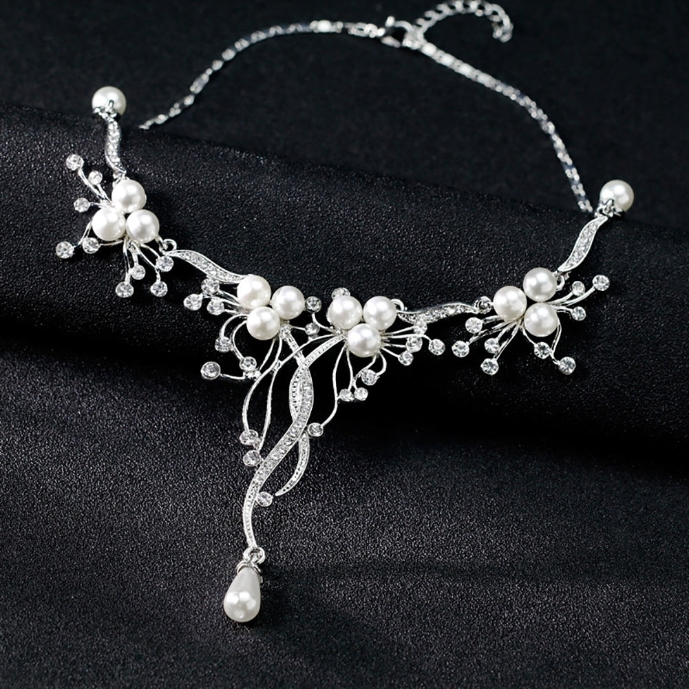 Rhinestone Faux Pearl Flower Necklace Earrings Women Wedding Jewelry Set Image 6