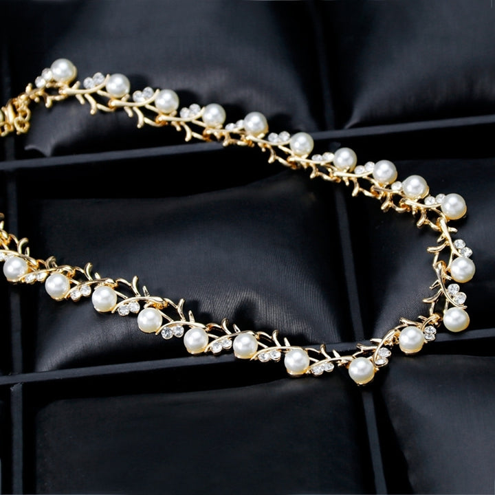 Women Bride Faux Pearl Rhinestone Necklace Stud Earrings Bracelet Jewelry Set Image 10