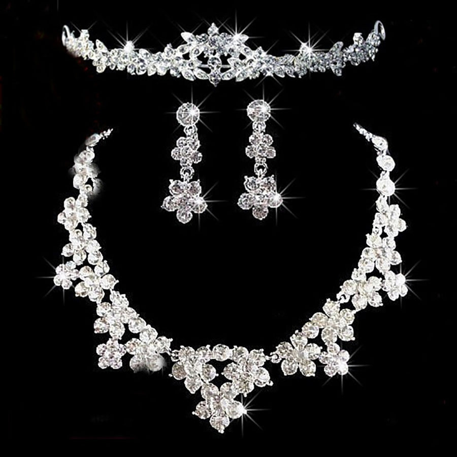 Elegant Rhinestone Bridal Women Jewelry Set Earrings Necklace Head Chain Tiara Image 1