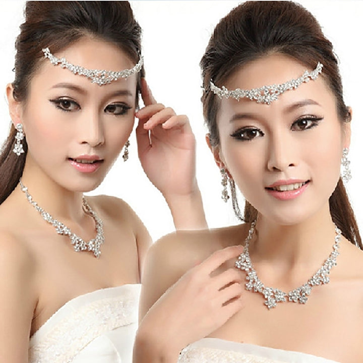 Elegant Rhinestone Bridal Women Jewelry Set Earrings Necklace Head Chain Tiara Image 2