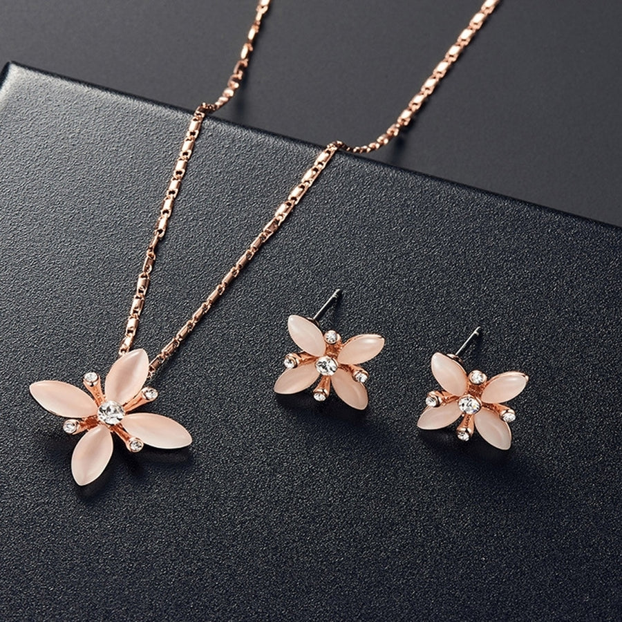 Fashion Ladies Rhinestone Flower Pendant Necklace Ear Studs Earrings Jewelry Set Image 1