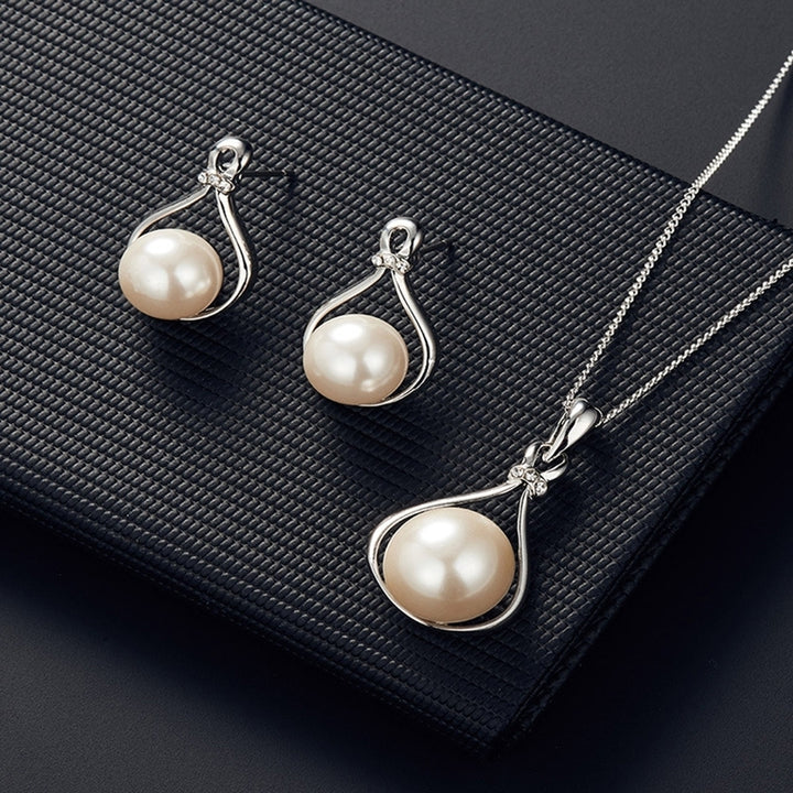 Water Drop Shape Faux Pearl Pendant Earrings Necklace Wedding Bridal Jewelry Set Image 2