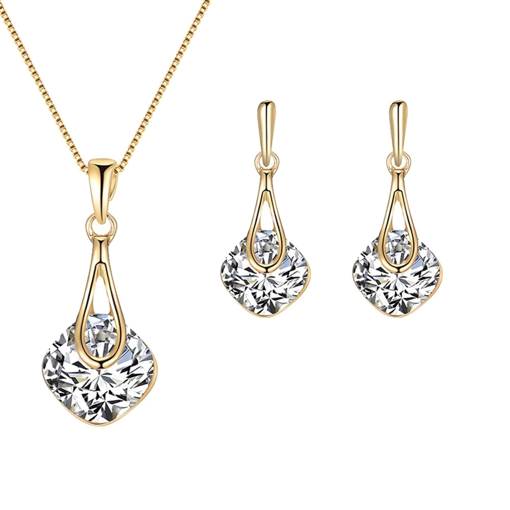 Water Drop Pendant Square Rhinestone Ear Stud Earrings Necklace Lady Jewelry Set Image 1