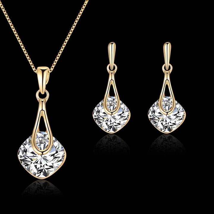 Water Drop Pendant Square Rhinestone Ear Stud Earrings Necklace Lady Jewelry Set Image 2