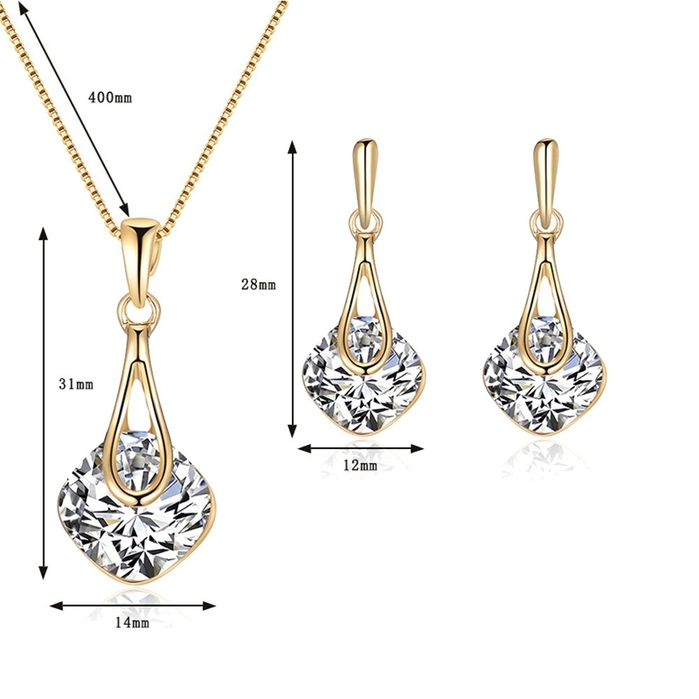 Water Drop Pendant Square Rhinestone Ear Stud Earrings Necklace Lady Jewelry Set Image 6