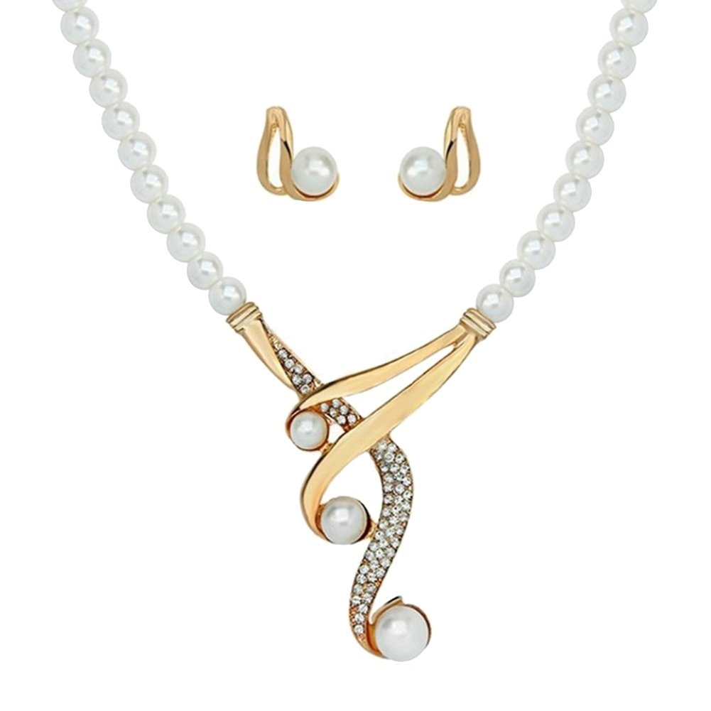 Hook Shape Pendant Faux Pearl Beaded Necklace Earrings Bridal Party Jewelry Set Image 1