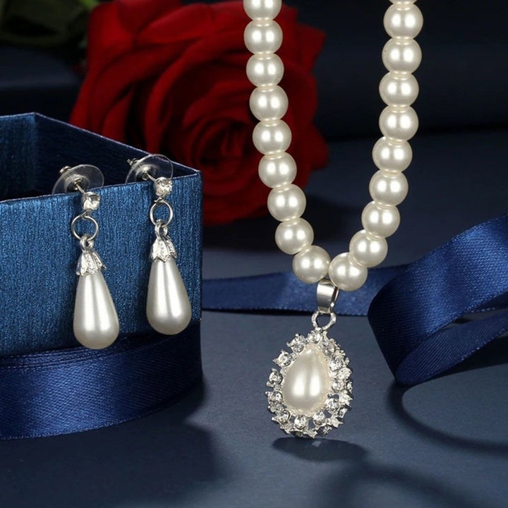 Water Drop Shape Pendant Faux Pearl Beaded Necklace Earrings Bridal Jewelry Set Image 1