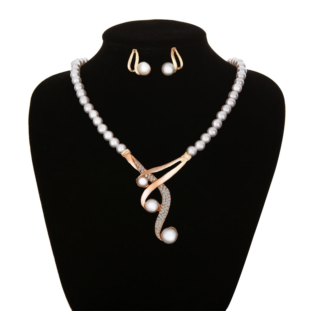 Hook Shape Pendant Faux Pearl Beaded Necklace Earrings Bridal Party Jewelry Set Image 2