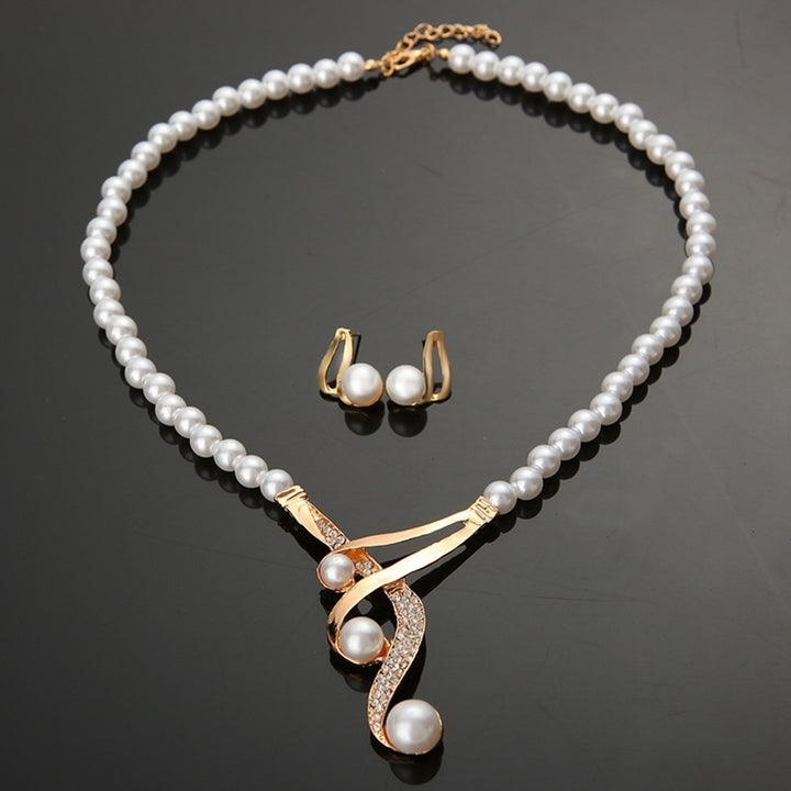 Hook Shape Pendant Faux Pearl Beaded Necklace Earrings Bridal Party Jewelry Set Image 3