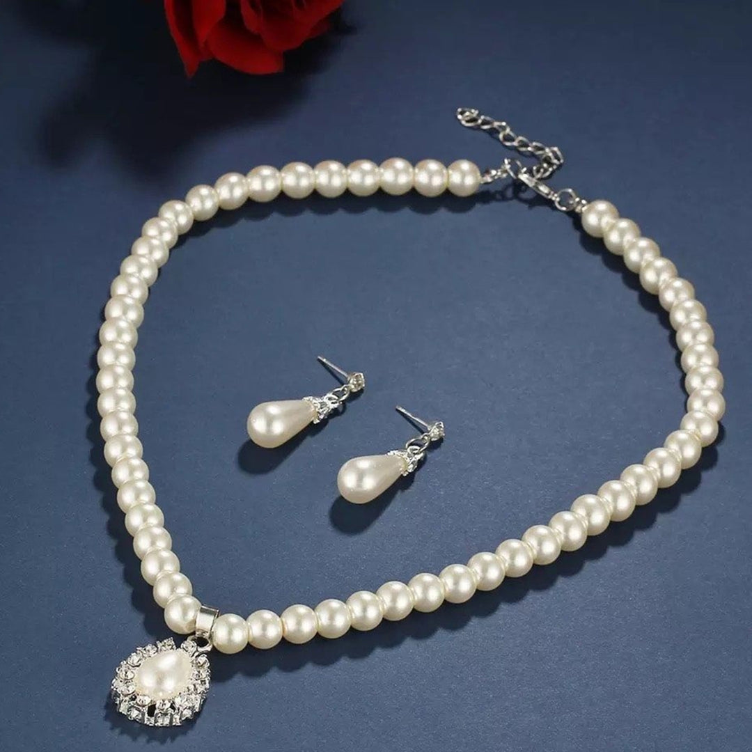 Water Drop Shape Pendant Faux Pearl Beaded Necklace Earrings Bridal Jewelry Set Image 2