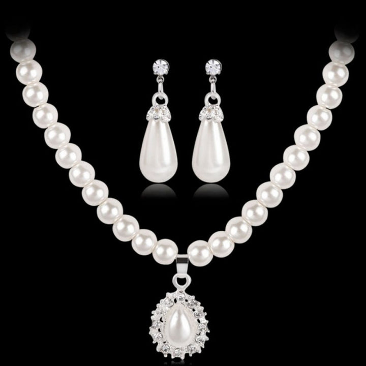 Water Drop Shape Pendant Faux Pearl Beaded Necklace Earrings Bridal Jewelry Set Image 6