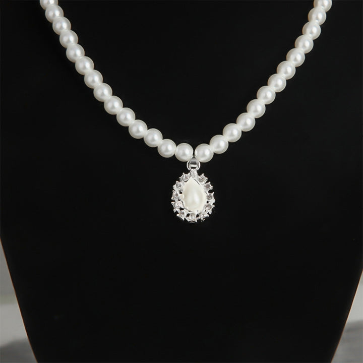 Water Drop Shape Pendant Faux Pearl Beaded Necklace Earrings Bridal Jewelry Set Image 7