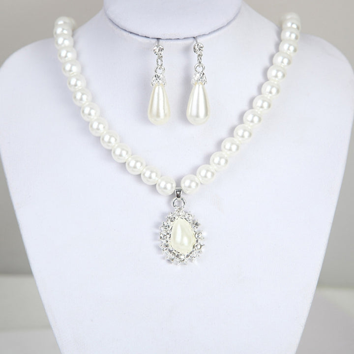 Water Drop Shape Pendant Faux Pearl Beaded Necklace Earrings Bridal Jewelry Set Image 8