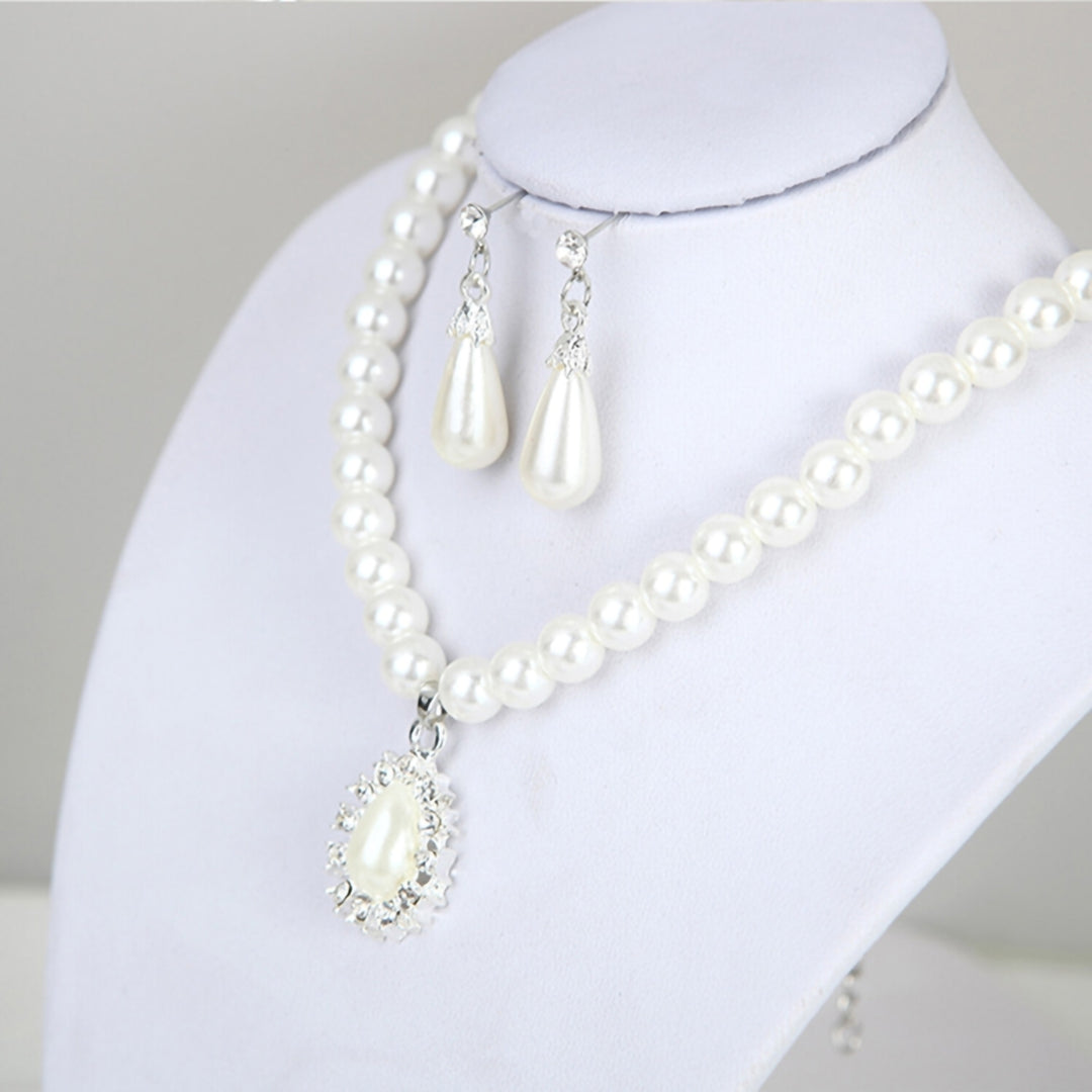 Water Drop Shape Pendant Faux Pearl Beaded Necklace Earrings Bridal Jewelry Set Image 9