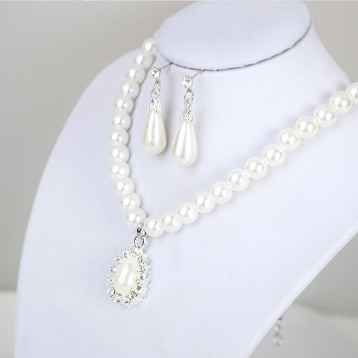 Water Drop Shape Pendant Faux Pearl Beaded Necklace Earrings Bridal Jewelry Set Image 9