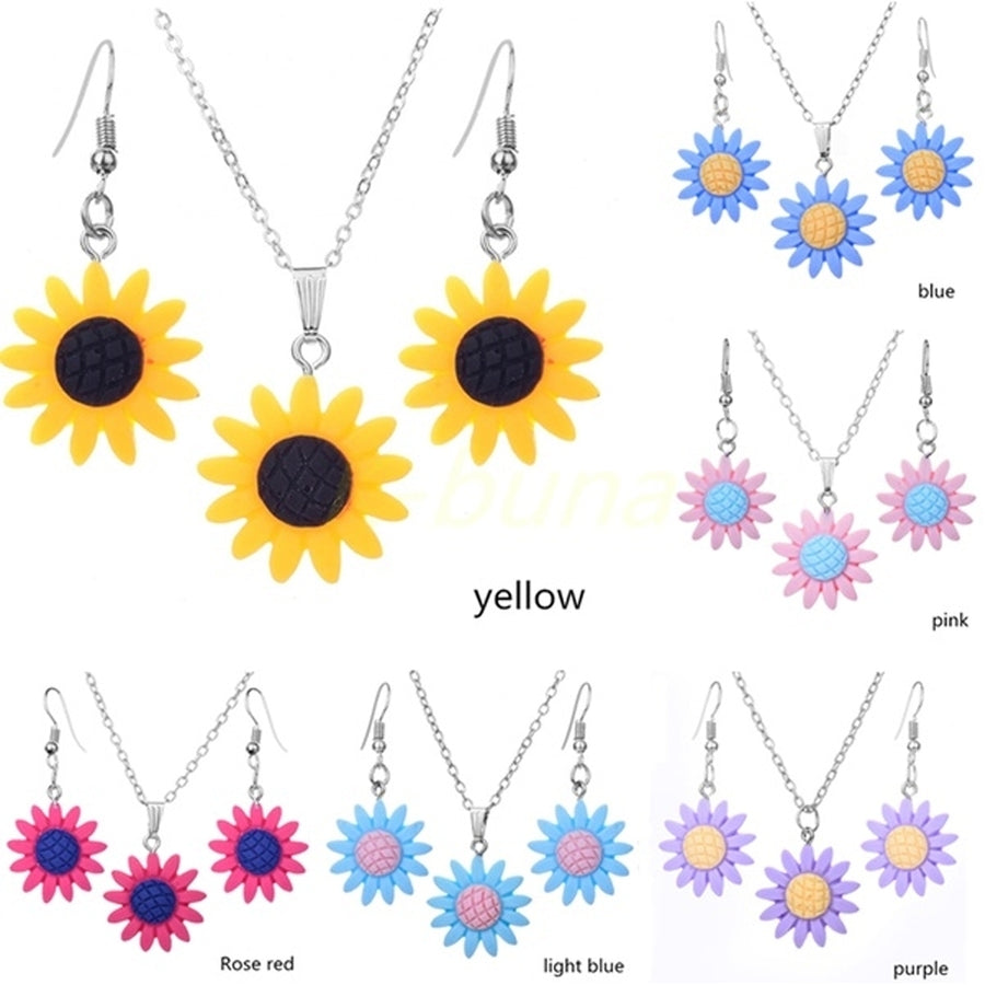 Fashion Sunflower Pendant Dangle Hook Earrings + Necklace Women Jewelry Set Image 1