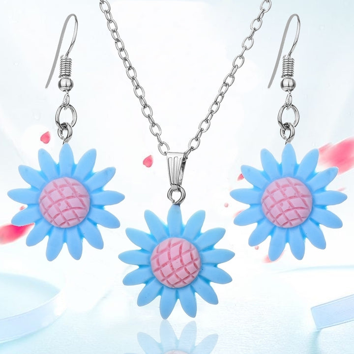 Fashion Sunflower Pendant Dangle Hook Earrings + Necklace Women Jewelry Set Image 2