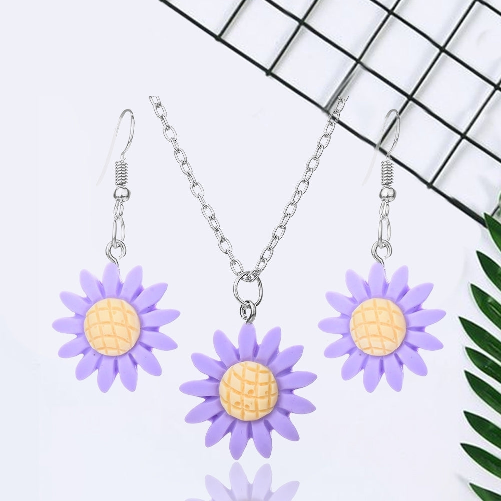 Fashion Sunflower Pendant Dangle Hook Earrings + Necklace Women Jewelry Set Image 3