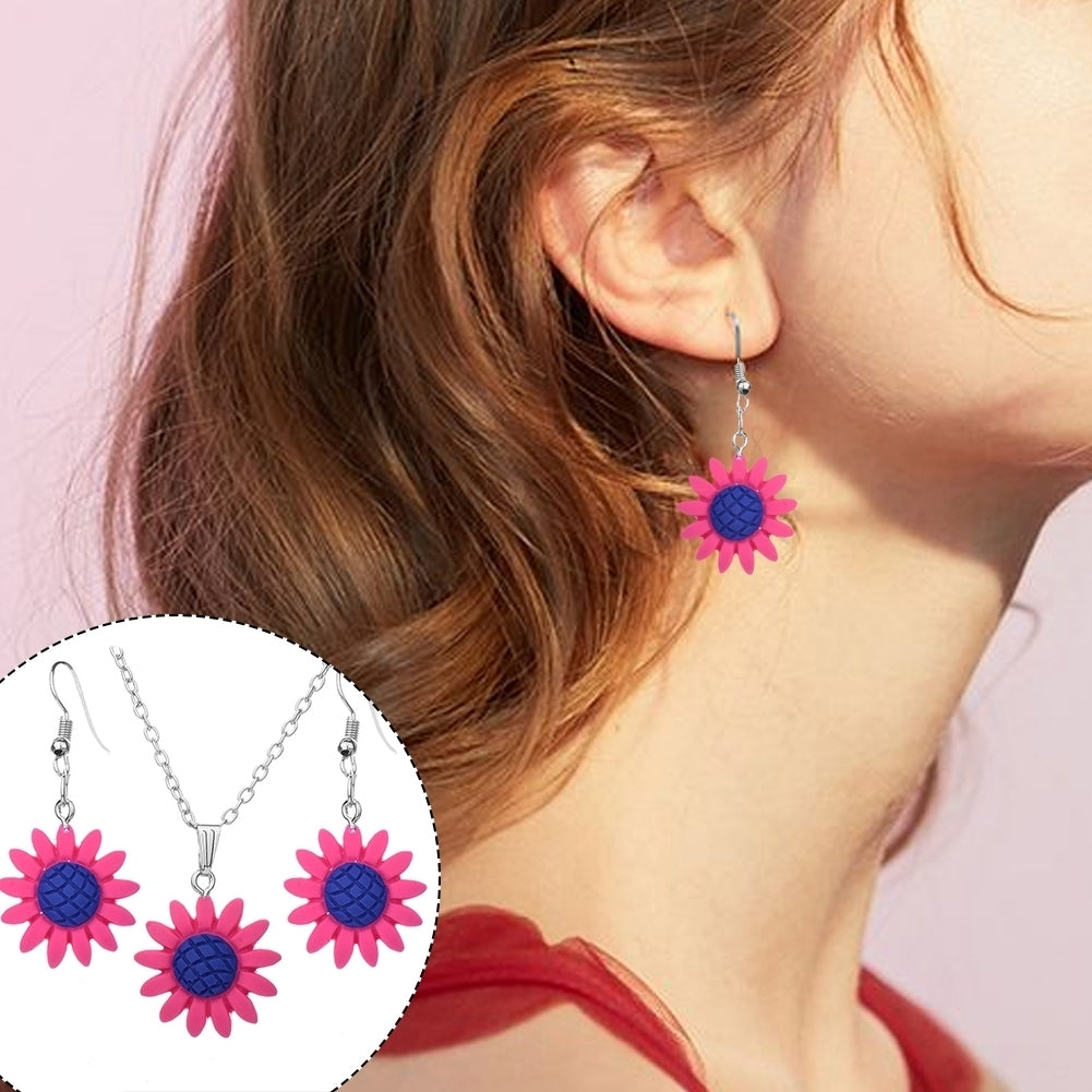 Fashion Sunflower Pendant Dangle Hook Earrings + Necklace Women Jewelry Set Image 4