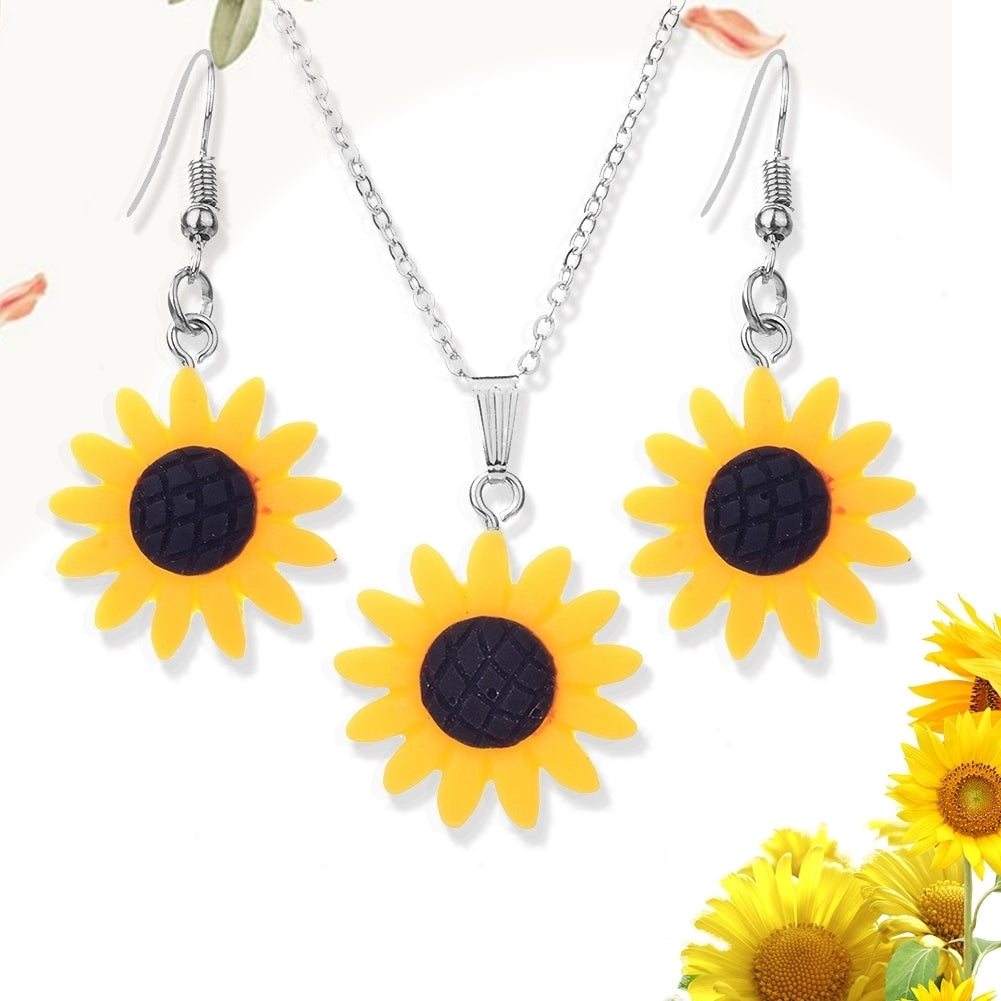 Fashion Sunflower Pendant Dangle Hook Earrings + Necklace Women Jewelry Set Image 4