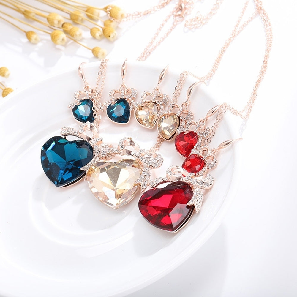3Pcs Heart Shape Faux Gemstone Rhinestone Pendant Necklace Hook Earring Image 2