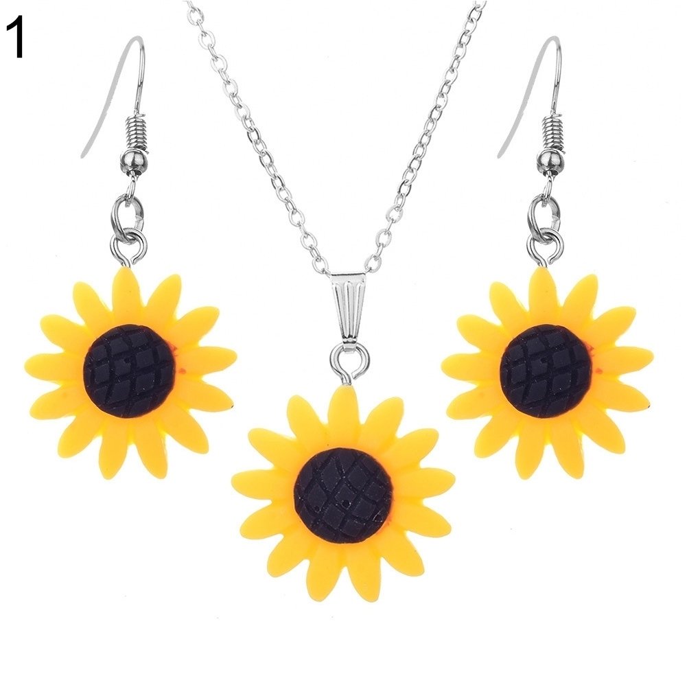 Fashion Sunflower Pendant Dangle Hook Earrings + Necklace Women Jewelry Set Image 8