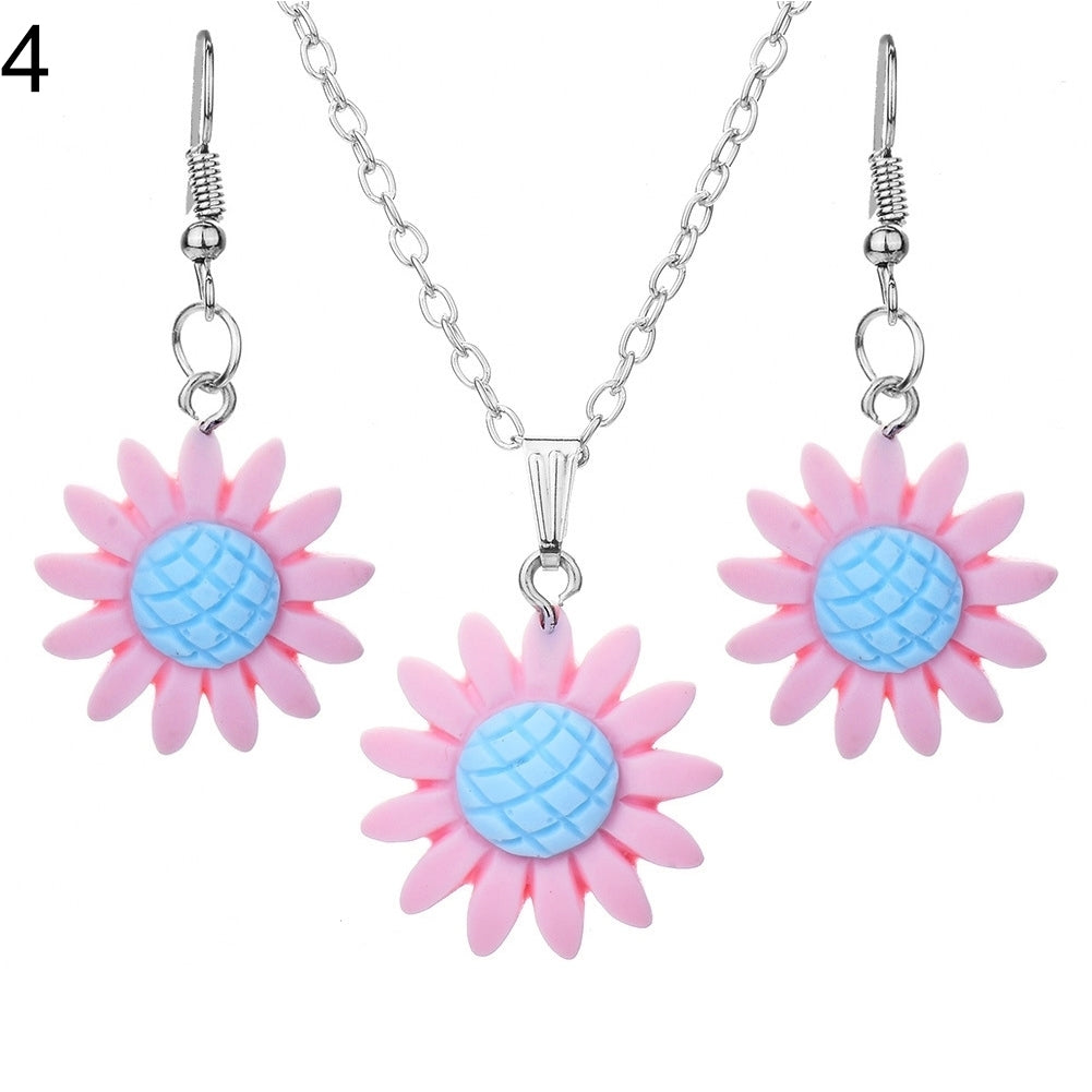 Fashion Sunflower Pendant Dangle Hook Earrings + Necklace Women Jewelry Set Image 11