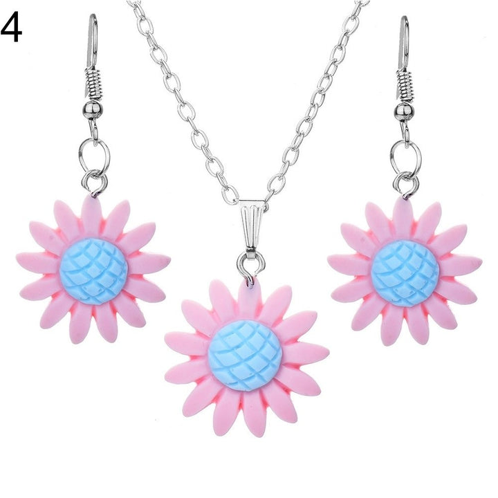 Fashion Sunflower Pendant Dangle Hook Earrings + Necklace Women Jewelry Set Image 1