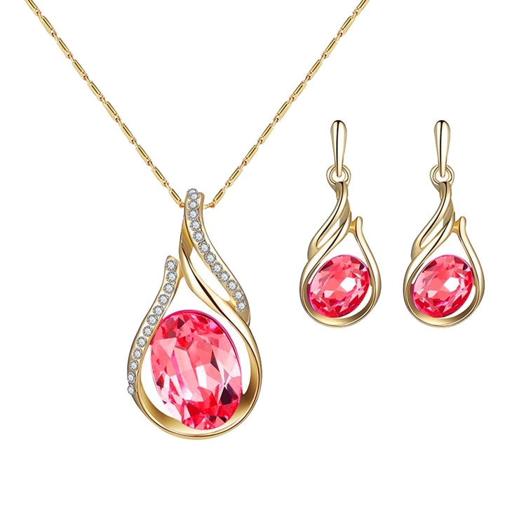 Women Rhinestone Oval Faux Quartz Pendant Ear Stud Earrings Necklace Jewelry Set Image 2